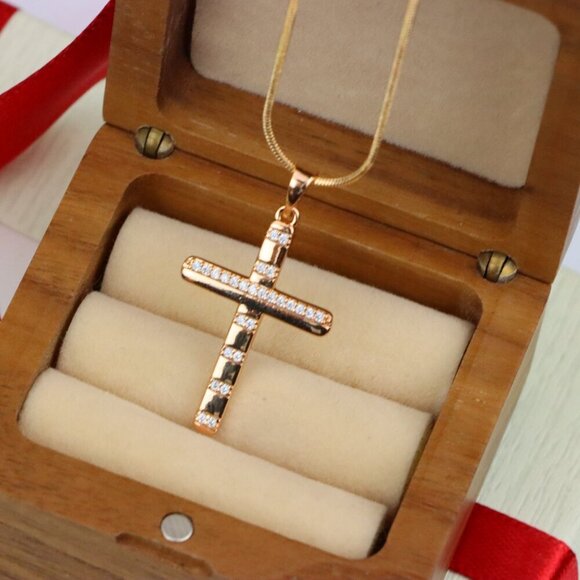 "Rose Gold Cross Pendant with CZ Stripes in Geometric Modern Design, XPPT1821 - Picture 8 of 12